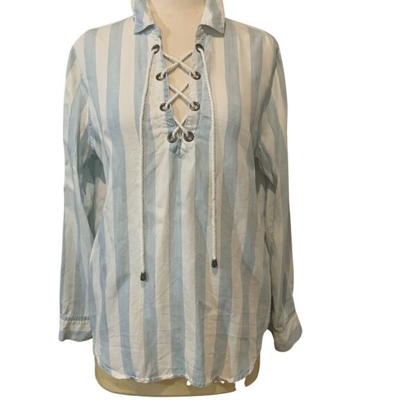 Rails Blue White Block Stripe Lace Tie Blouse S - Picture 5 of 14